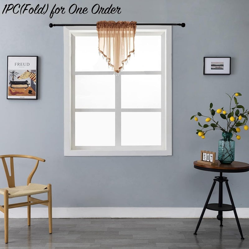 PearAge Beaded Sheer Valance Curtains for Living Room,Rod Pocket Farmhouse Window Valance, Bead Trim Tassel Voile Sheer Curtain Valance for Bedroom Bathroom Cafe 51x24 Inches (Brown) 1PC - Image 2